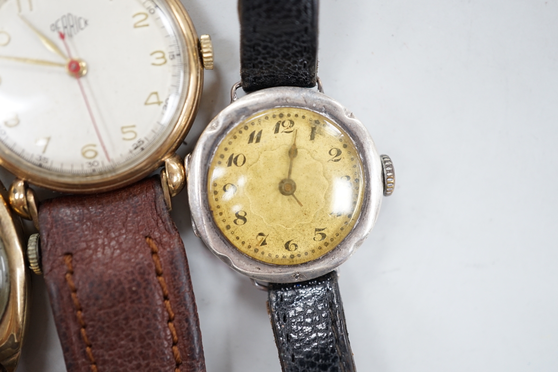 Five assorted 9ct gold lady's or gentleman's manual wind wrist watches, including Waltham, Record & Derrick and three other wrist watches.